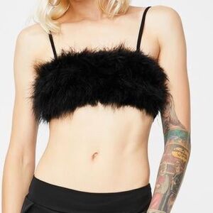 Black Fuzzy Crop Top With Chain Straps NWOT